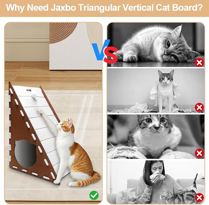Felt Cat Scratcher, Jaxbo Triangular Vertical Cat Scratching Board with Plush Ball Toy, 9mm Thick Washable Material, No-Tool Assembly, Multi-Surface Cat Furniture Protector