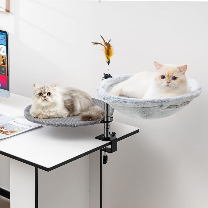 Uross Cat Desk Bed- Double Layers Adjustable Height& 360 Rotation Cat Desk Perch Mount for Office and Game Tables, Attachment Desktop Bed with 2 Washable Covers, Soft Rabbit Fur& Breathable Mesh -Grey