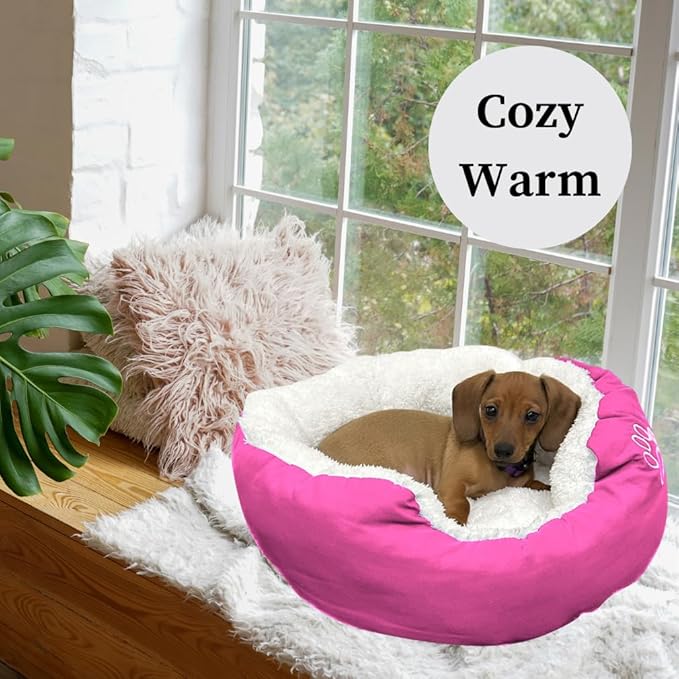 Evelots Calming Donut Cat Bed - Warm Pet Bed for Cats and Small Dogs - Anti-Anxiety Cozy Cuddler - Removable Soft Plush Cushion - Machine Washable - Non-Slip Bottom - Pink