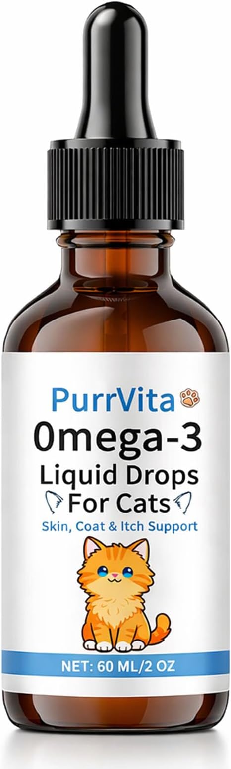 PurrVita Omega-3 Liquid Drops for Cats – Supports Healthy Skin & Coat, Natural Fish Oil Supplement for Feline Wellness 60ml (1)