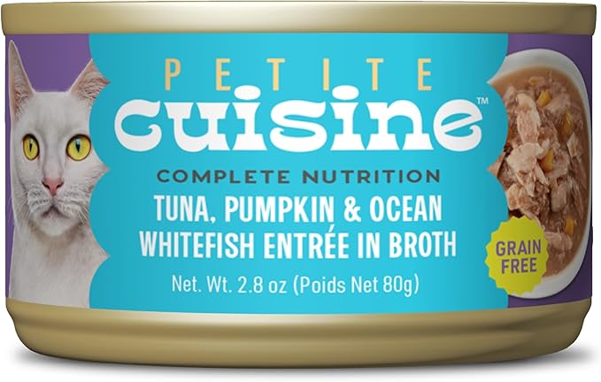 PETITE CUISINE Whole Foods Wet Cat Food, Tuna, Pumpkin & Ocean Whitefish Entree in Broth, 2.8 oz. Can (24 Count)