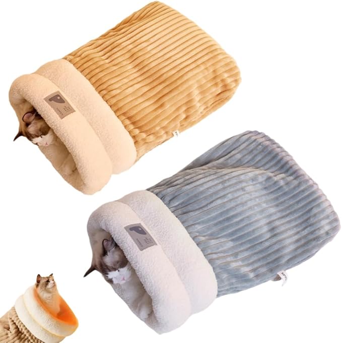 Cat Sleeping Bag, Cats Winter Sleeping Bag for Indoor Cats Cozy Plush Cat Cave Bed, Self-Warming Pet Snuggle Sack for Kitten Puppy Small Dogs (B-Grey Blue + Brown, L-21"x17.7")