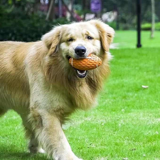 AUSCAT 2PCS Squeaky Dog Football Toy, Dog Chew Toy, Tough Rubber Dog Ball for Medium Large Dogs, Green and Orange, Large, 5.5"