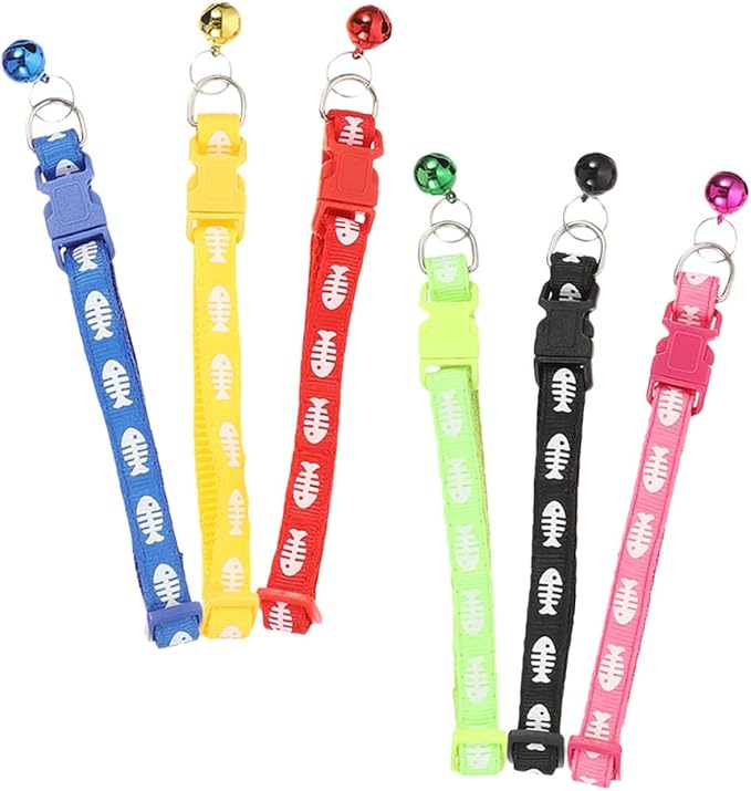 6pcs Fishbone Pattern Pet Collar Set with Bell, Mixed Colors Cat and Puppy Collar, Lightweight Outdoor Household Kitten and Dog Supply Random Color