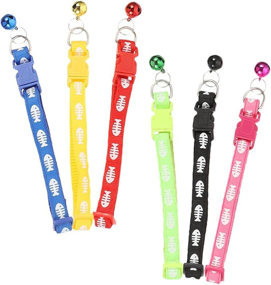 6pcs Fishbone Pattern Pet Collar Set with Bell, Mixed Colors Cat and Puppy Collar, Lightweight Outdoor Household Kitten and Dog Supply Random Color