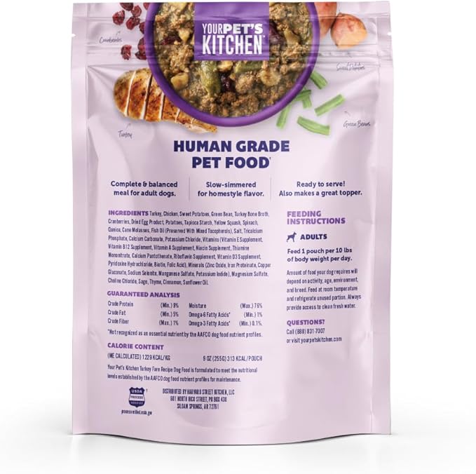 Your Pet's Kitchen Wet Dog Food, Slow Simmered Turkey Fare Recipe - 9 oz Pouch, (Pack of 6), Human Grade Pet Food Made in The USA with Real Turkey