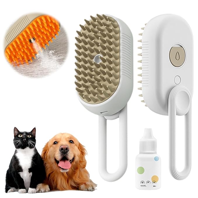 Cat Steam Brush, Ultimate Pet Steam Groomer Comb, Pet Hair Steamy Brushes for Massaging and Cleaning Shedding Pets, Multifunctional Hair Removal Comb for Cat and Dog (White+Pet Care Serum)