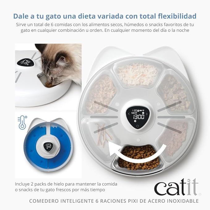 Catit PIXI Smart 6-Meal Feeder – Automatic Cat Feeder with App Control, Stainless Steel Tray, Custom Schedule, Ice Packs, for Dry & Wet Food