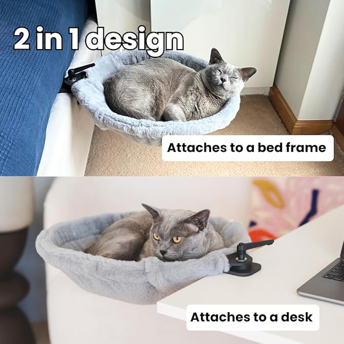 Cat Desk Bed – 180° Rotating & Adjustable Cat Hammock, 2 Washable Covers, Supports 40 lbs, Non-Slip Clamp, Soft Faux Fur, Space-Saving Design for Home Office, Remote Workers, Gamers