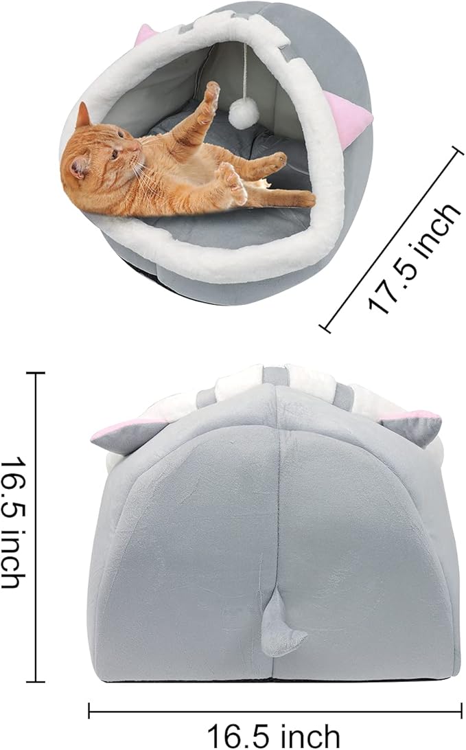 Andiker Cat Beds for Indoor Cats, Semi-Enclosed Cat Cave Bed with a Plush Ball Large Space for Cats to Sleep Soft and Comfortable Covered Cat Bed with a Washable and Detachable Mat (L, Grey)