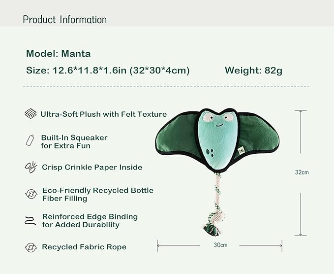Dog Toy, Squeaky Plush Dog Toy, Rough & Tough Interactive Pet Toy, Recycled Fabric and Double Stitched (Manta)