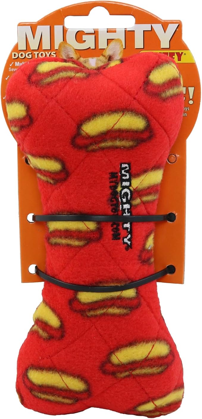 MIGHTY- NO Stuff Bone– Squeaky Plastic Core. 2-in-1 Toy. Made Durable, Strong & Tough. Interactive Play Dog Toy (Tug, Toss & Fetch). It Floats. (Red, Medium)