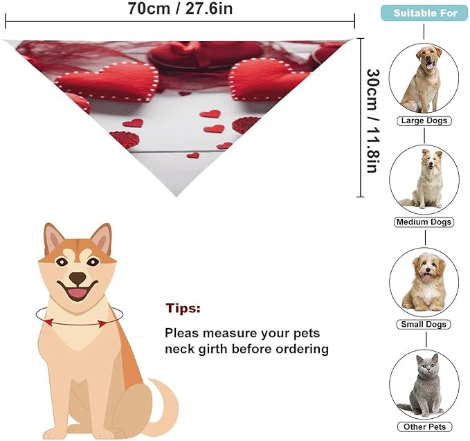 Dog Bandana Spring Pet Scarf Adjustable Triangle Handmade Red Hearts Printing Dog Bib Washable Polyester Puppy Bandana for Small Medium Large Dogs Cat Birthday Party Supplies
