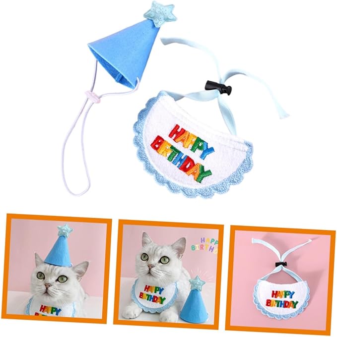 SOLUSTRE Dog Birthday Hat and Embroidered Bandana Set Blue Star Pattern Adjustable Pet Party Costume for Small to Medium Dogs Birthday Supplies
