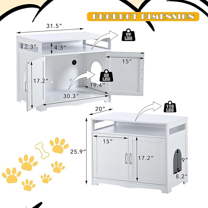 31.5" L White Cat Litter Box Enclosure with Hidden Plug & 2 Doors, Indoor Large Cat Washroom Storage Bench Side Table