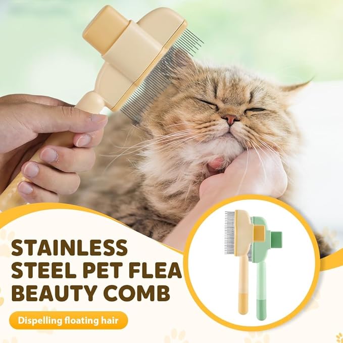 Self Cleaning Pet Hair Removal Comb, Pet Comb with Long Short Stainless Steel Metal Teeth, Cat Grooming Brush, Pet Grooming Supplies for Cat, dog (Green+Yellow)