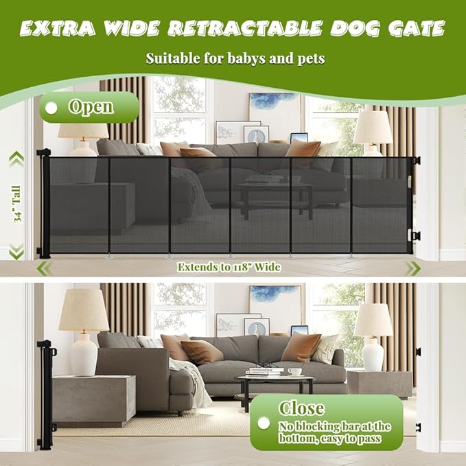 34" Tall Retractable Baby Gates, Extra Wide 118" Retractable Safety Gate with Reinforced Strips, Extra Long Dog Gate for Large Openings & Doorways Mesh Pet Baby Gates Indoor & Outdoor, Black