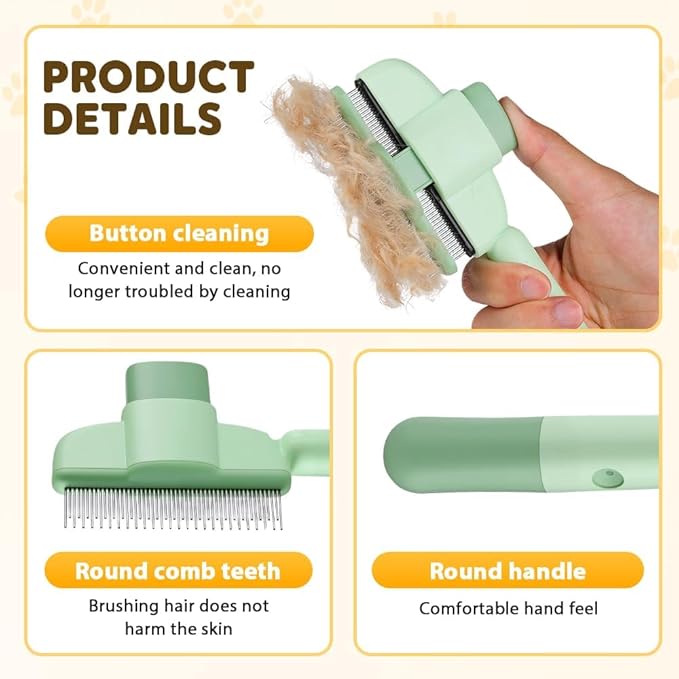 Self Cleaning Pet Hair Removal Comb, Pet Comb with Long Short Stainless Steel Metal Teeth, Cat Grooming Brush, Pet Grooming Supplies for Cat, dog (Green)