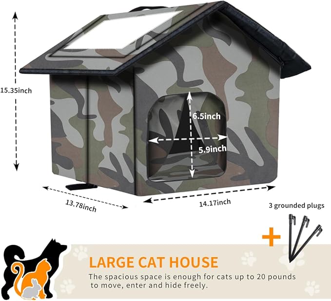 Cat House for Outdoor Cats, Weatherproof Feral Cat House with Mat and Doors, Easy to Put Together, Collapsible Warm Pet Nest Kitty Shelter for Winter, Never Blow Away