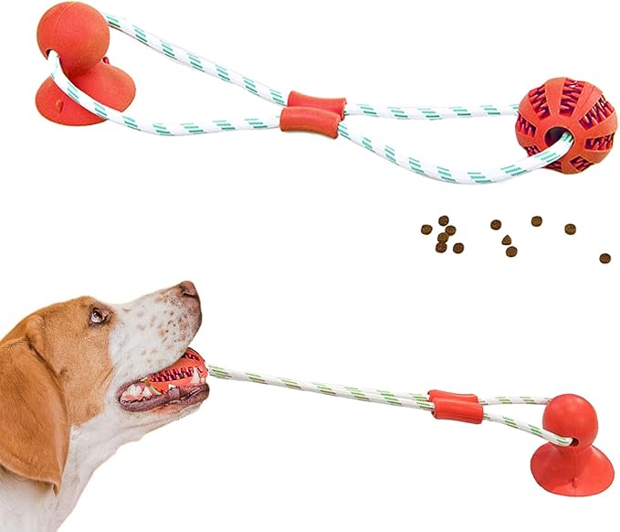 Dog Chew Toys for Aggressive Chewers, Tug of War Suction Cup, Pull Ball with Suction Cup, Suitable for All Breeds, Puppy Chew Toys for Teething, Indestructible Dog Treat Food Dispensing Ball (Red)