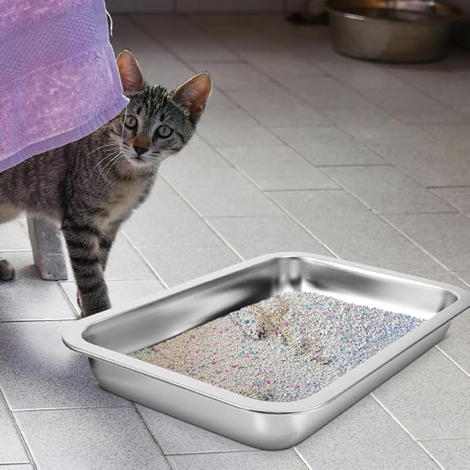 Stainless Steel Cat Litter Box Open Design Large Metal Litter Pan Easy to Clean Portable Kitten Tray for Cats and Small Pets