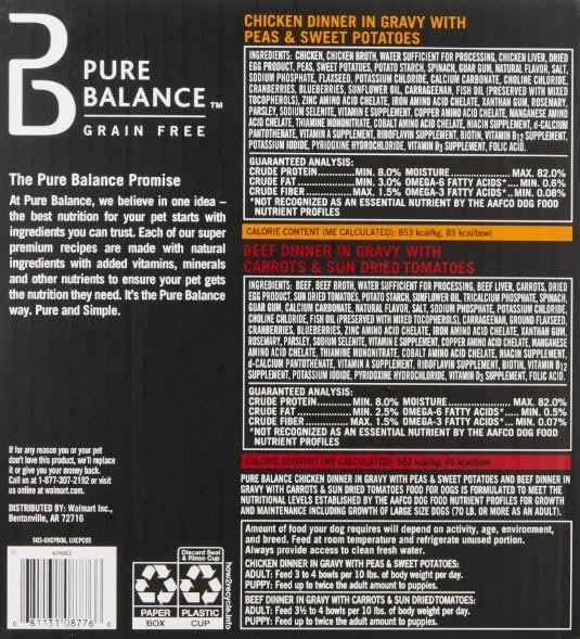 Pure ~ Balance Grain Free Chicken Dinner in Gravy & Beef Dinner in Gravy Wet Dog Food Variety Pack, 3.5 oz, 12 Count (Pack of 1)