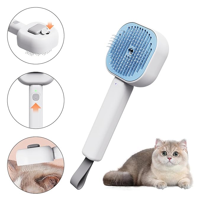 3-in-1 Cat Steam Brush – Self-Cleaning Pet Spray Grooming Comb for Cats & Dogs, USB Rechargeable, Shedding, Massaging & Hair Removal with Cool Mist (Blue)