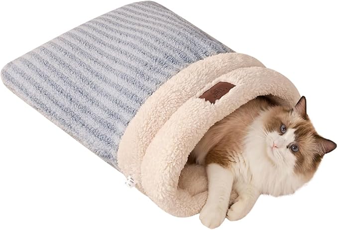Cat Sleeping Bag for Indoor Cats, Self Warming Cat Bed Cave Fits up to 15 lbs Pets, Pet Sleeping Bed with Plush Portable Snuggle Sack/Hideway 17''×21''Blue
