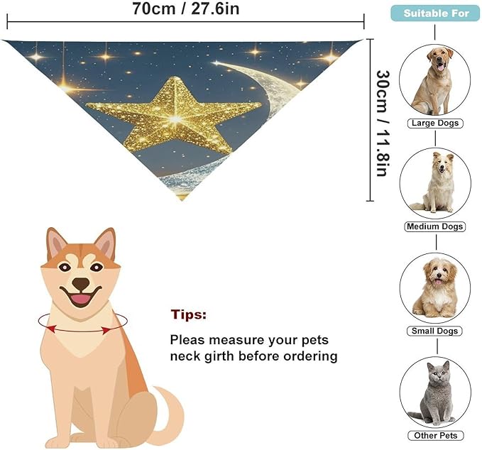 Dog Bandana Spring Pet Scarf Adjustable Triangle Golden Stars and Moon Printing Dog Bib Washable Polyester Puppy Bandana for Small Medium Large Dogs Cat Birthday Party Supplies