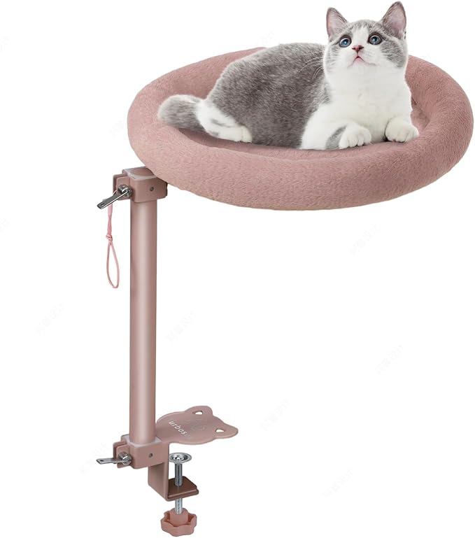 Cat Desk Bed,Steel Cat Bed for Desk,Up and Down Available,360° Rotating, Shelf Height Adjustable, Desktop Attachment Cats Nest Perch Hammock for Office Game Tables, Supports 40lb（Brown）