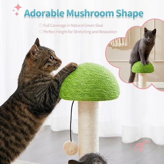 Mushroom Cat Scratching Post with Sisal Rope and Interactive Ball Track – 2-in-1 Wooden Cat Scratcher with Dangling Ball Toy and 20-Inch Scratch Pad for Indoor Cats