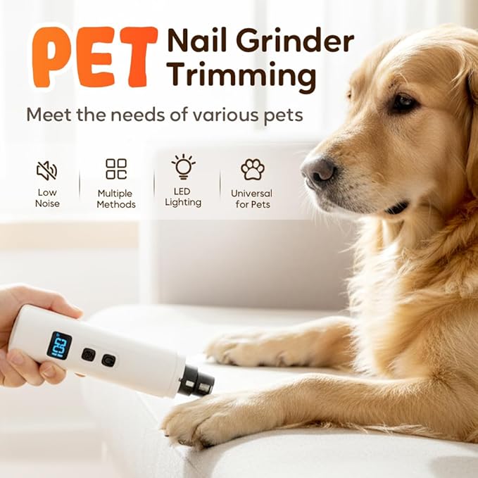 Safe Cut Cat Nail Trimmer, 2025 Upgraded 3 Adjustable 360° Grinding Settings, Low-Vibration Ultra-Quiet Under 40dB, Powerful for All Cats & Dogs, Easy to Clean (White+6*Heads)