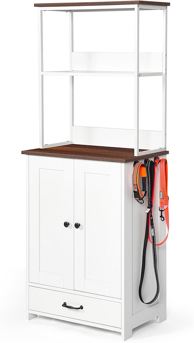 Pet Feeding Station with Bowls, Adjustable Panel, Dog Feeding Station with Storage, Pet Feeder Station for Dogs Cats for Feeding & Watering Supplies,Dog feeding station with 2-level shelving White