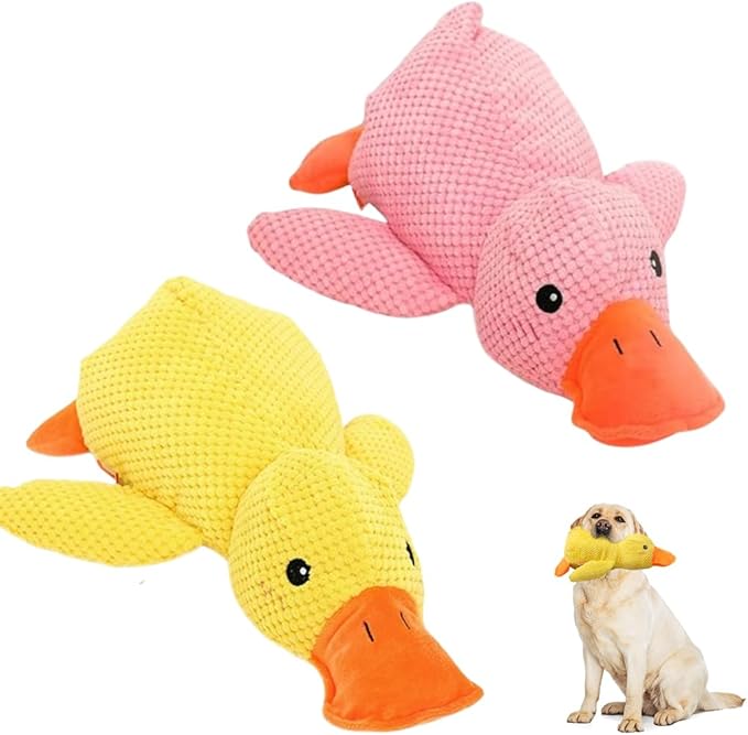 Mellow Calming Duck Dog Toy, 2026 Upgrade Calming Duck Toy for Dog, Interactive Toy with Quack Sound, Soft Plush Stuffed Calming Duck Pillow for Puppy Keep Busy (Yellow+Pink)
