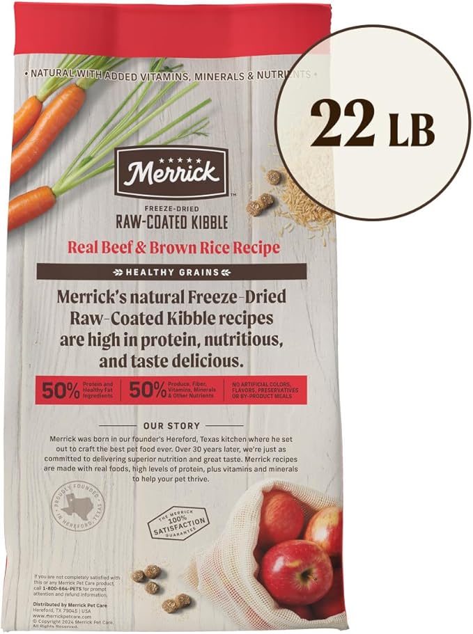 Merrick Healthy Grains Freeze Dried Raw Coated Kibble, Natural High Protein Dog Food, Beef and Brown Rice - 22.0 lb. Bag