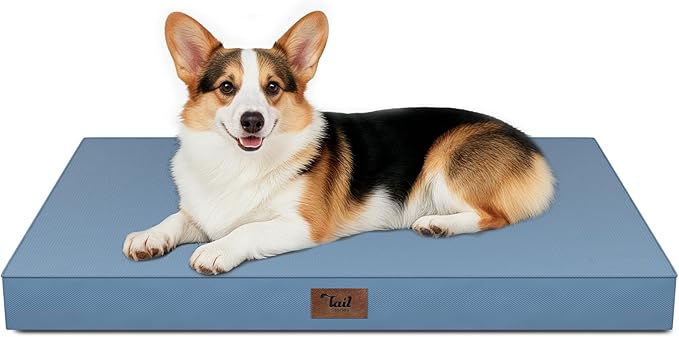 Large Outdoor All Weather Dog Bed, Waterproof Pet Bed for Large Dogs, Orthopedic Egg Crate Foam with Washable Removable Oxford Cooling Cover, 36x27 Inch, Blue