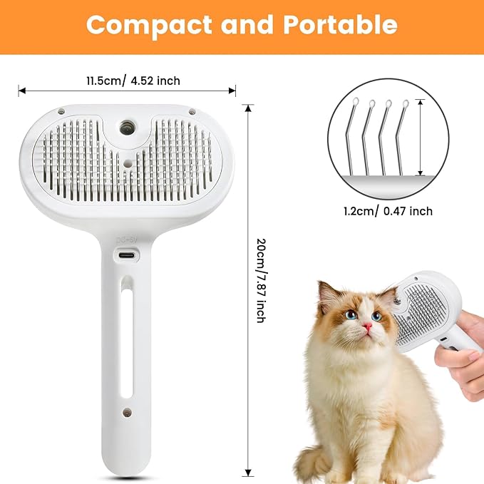 Cat Steam Brush for Shedding, 3 In 1 Steam Cat Brush Self Cleaning, Dog Brush for Long and Short Hair Dogs and Cats, Pet Grooming Comb Remove Tangled Loose Hair, Type-C Fast Charging (White)