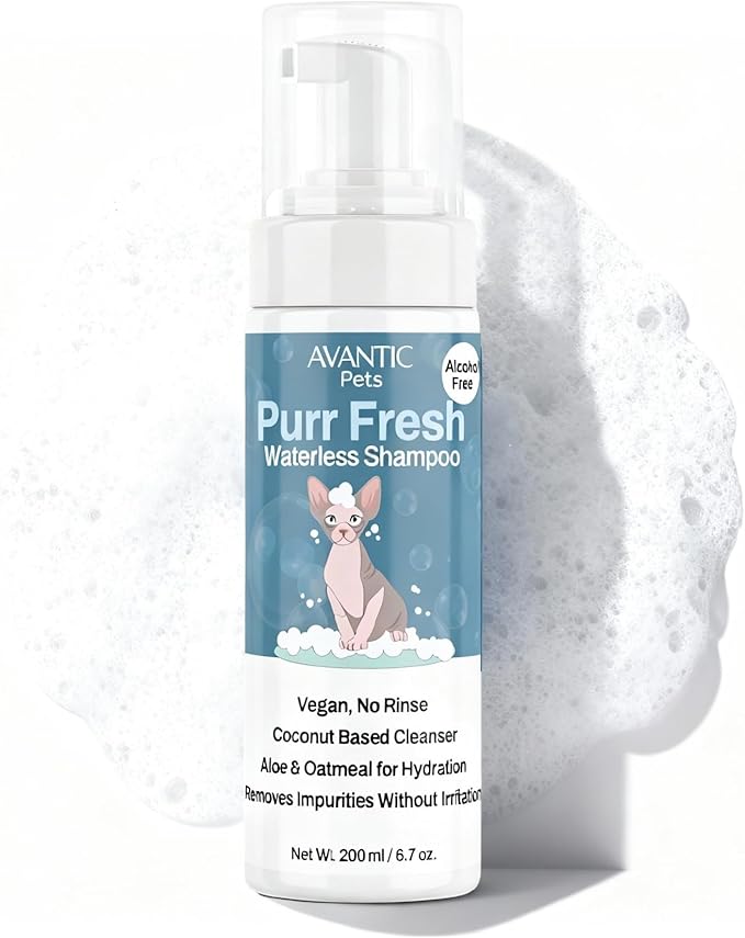 Avantic Pets Purr Fresh Dry Shampoo for Sphynx Cats, Alcohol-Free, No-Rinse Formula, Coconut-Based Cleanser, Hydrates & Soothes Sensitive Skin, 200ml