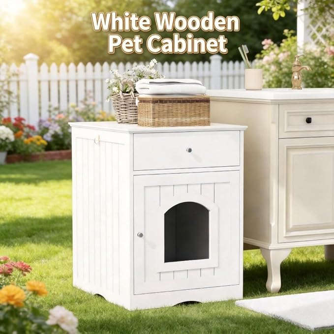Wooden Pet House Cat Litter Box Enclosure with Drawer, Side Table, Indoor Pet Crate, Cat Home Nightstand (White)