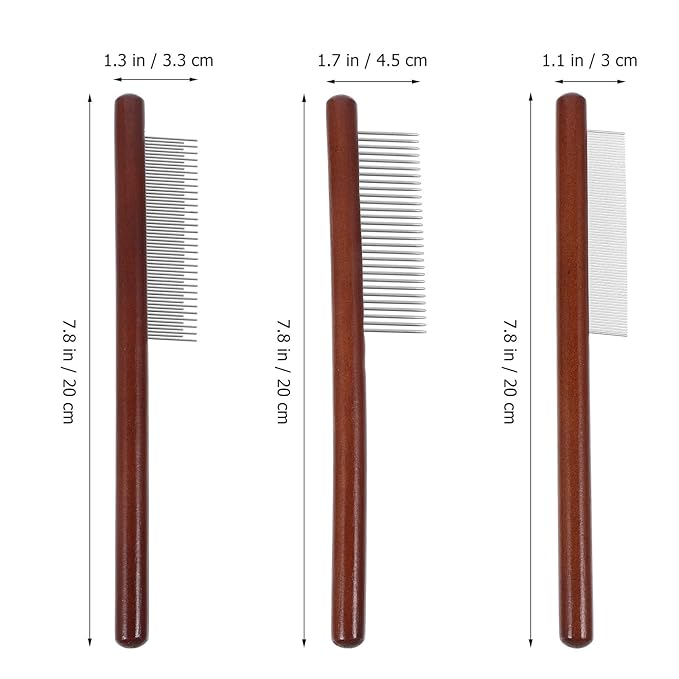 BESPORTBLE 3pcs Wood Handle Pet Grooming Comb Set with Stainless Steel Teeth, Dematting Dog Hair Detangler and Compact Cat Comb for Indoor Cats and Small Dogs