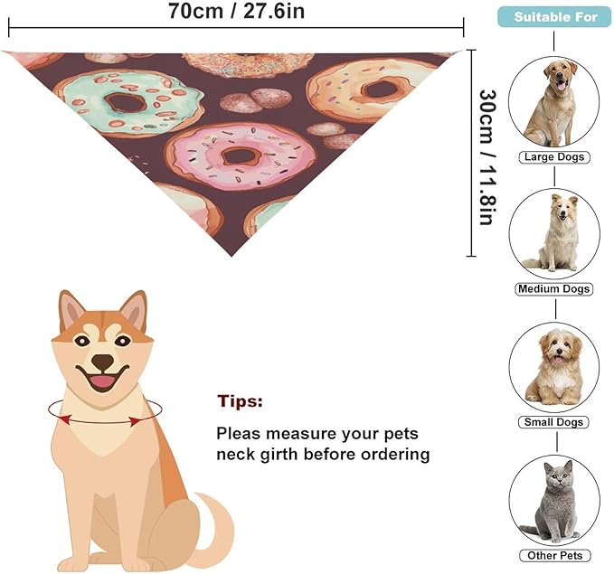 Dog Bandana Spring Pet Scarf Adjustable Triangle Pretty Donuts Printing Dog Bib Washable Polyester Puppy Bandana for Small Medium Large Dogs Cat Birthday Party Supplies