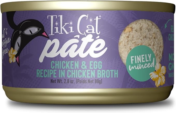 Tiki Cat Luau Pate, Chicken and Egg Recipe in Chicken Broth, Grain-Free Balanced Nutrition Wet Canned Cat Food, for All Life Stages, 2.8 oz. Can (12 Count)