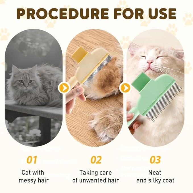 Self Cleaning Pet Hair Removal Comb, Pet Comb with Long Short Stainless Steel Metal Teeth, Cat Grooming Brush, Pet Grooming Supplies for Cat, dog (Yellow)