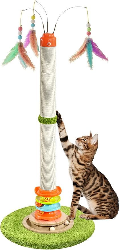Cat Scratching Post，40'' Tall Cat Scratcher Tree Cat Toys for Indoor Cats with Cat Toys 4-Tier Roller Track，Automatically Rotating cat Teaser Wand，Hanging Balls for Kittens Adults Cats