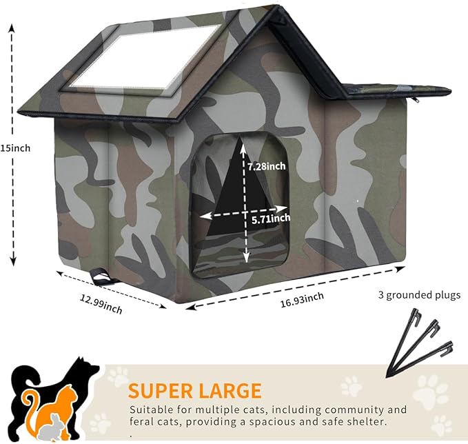 Outdoor Cat House Weatherproof, Large Feral Cat House for Winter, Collapsible Outdoor Cats Shelter with Door and Soft Mat, Easy to Assemble