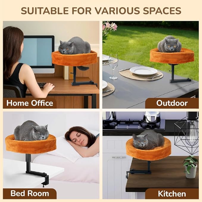 [Ready to Gift] PURRHOUSE Up to 45LBS Capacity Cat Desk Bed - 360° Rotating & Adjustable Shelf, Pet Perch for Desks with Washable Cushion, Desk Cat Bed Attachment for Various Tables (Brown)