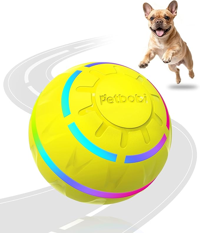 Petbobi Interactive Dog Toys – USB Rechargeable Automatic Rolling Ball with LED Lights, Active Bouncing Ball for Small Medium Pets to Exercise, Dog Toys to Keep Them Busy, Durable TPU Shell, Yellow