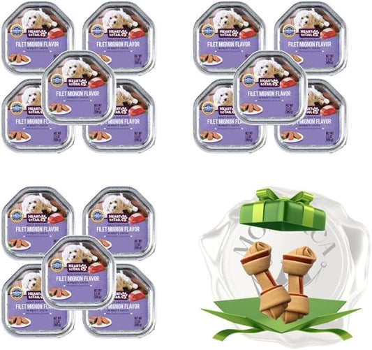 15 Trays Wet Dog Food 3.5 OZ Filet Mignon Flavor + Gift Bone