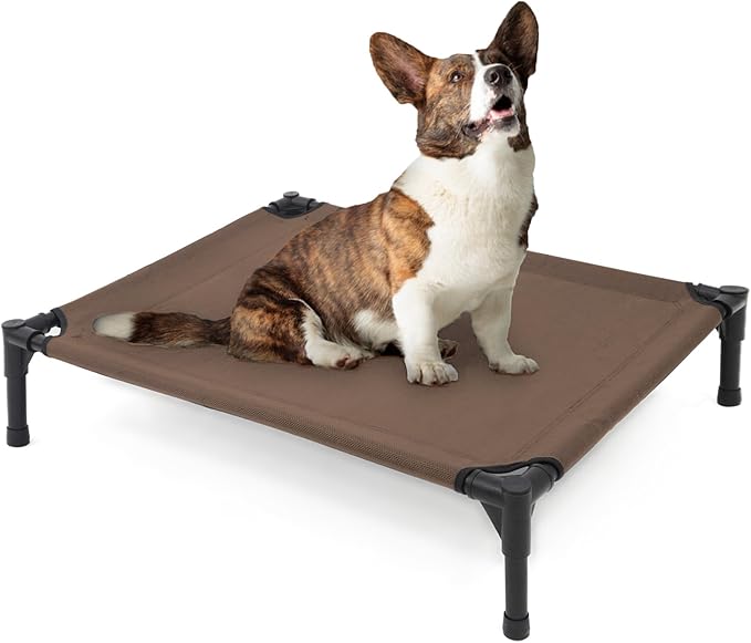 Elevated Dog Bed for Medium Dogs, Raised Dog Cot Fits Up to 150 LBs, Heavy Duty Pet Cots with Durable Supportive Teslin Recyclable Washable Mesh, Indoor & Outdoor Pet Bed, Brown
