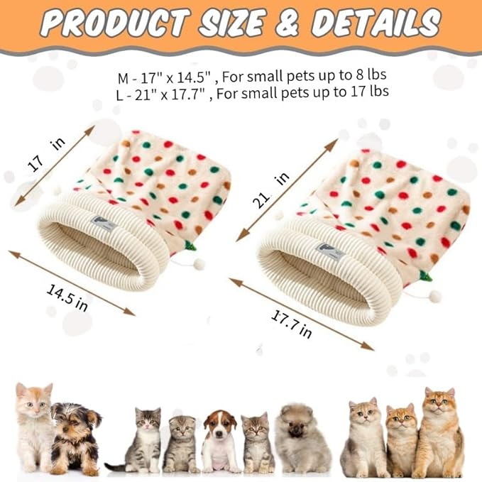 Cat Sleeping Bag, Cats Winter Sleeping Bag for Indoor Cats Cozy Plush Cat Cave Bed, Self-Warming Pet Snuggle Sack for Kitten Puppy Small Dogs (D - Beige 1 pcs, M-17"x14.5")